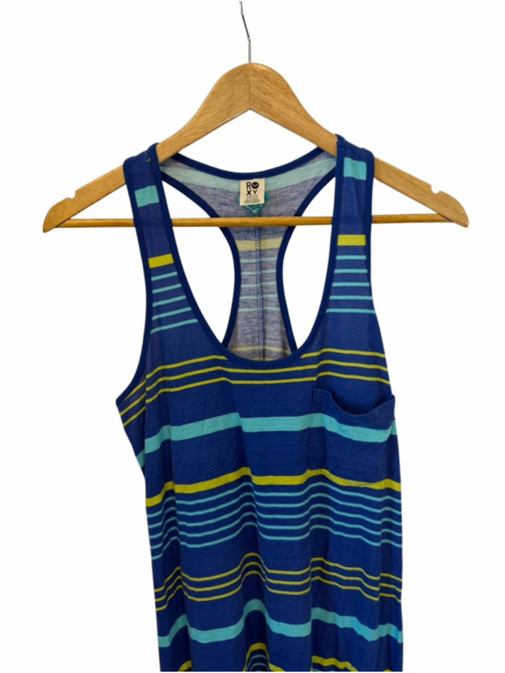Roxy Blue Striped Racerback Maxi Dress Medium Beach Casual Summer Pocket - Picture 3 of 10